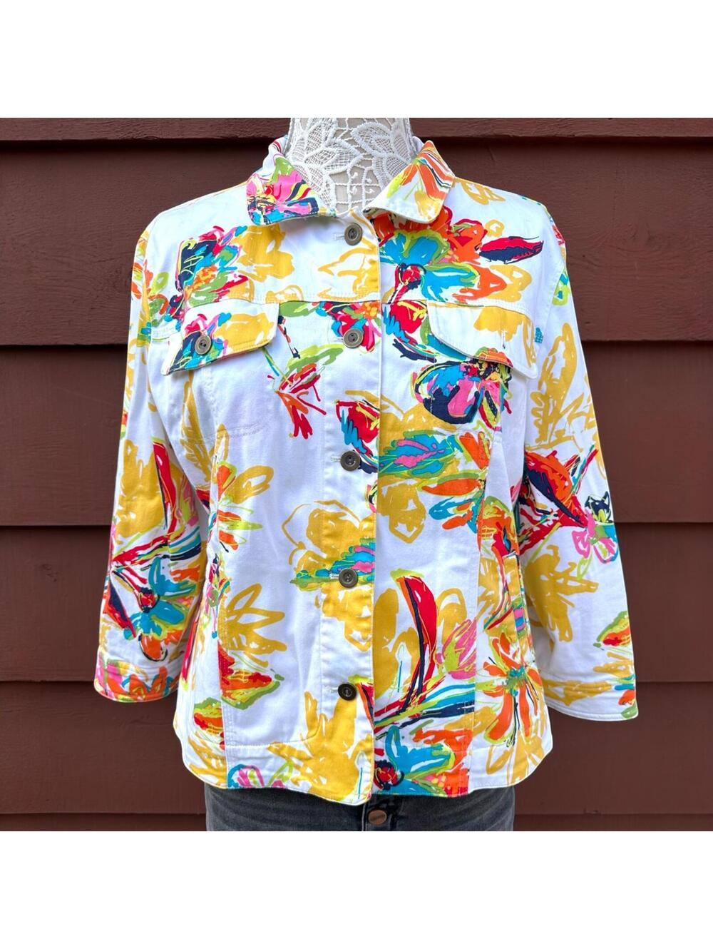 Multiples Vintage Floral Painterly Print Cotton Blend Trucker Jacket